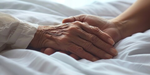 Elderly Hand Held by Younger Hand on Bed