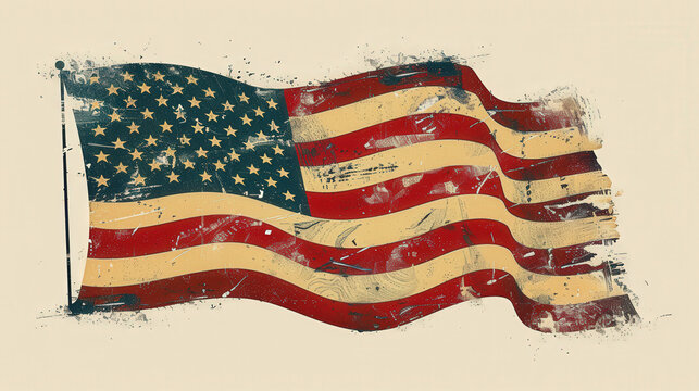 A classic illustration of the American flag, with bold colors and sharp lines, set against a neutral background