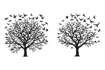Obraz premium black bare scary tree silhouette and flock of flying bird create with AI technology 