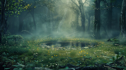 Obraz premium A pond in a forest with a lot of trees surrounding it. The pond is surrounded by grass and there are some flowers in the area