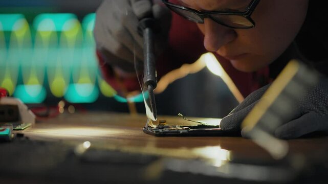 Computer. A technician applies equipment carefully using a screwdriver in a repair laboratory. Electronics service technician unscrews screws uses modern diagnostic equipment, fixing