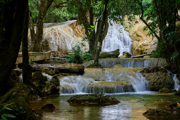 Obraz premium Scenic view of limestone waterfall in forest 