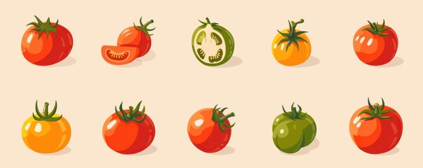 A collection of flat vector icons of tomatoes in various styles, perfect for food-related designs and apps.