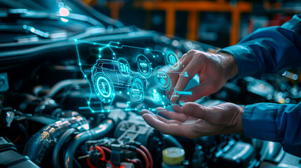 Holographic car model being analyzed by engineer. Concept of automotive technology and innovation