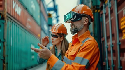 Engineers in safety gear using augmented reality technology for logistics management at a shipping container terminal.
