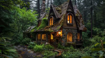 Obraz premium A small house with a stone roof and a stone chimney. The house is surrounded by trees and has a garden. The house is lit up with lights, giving it a cozy and warm atmosphere