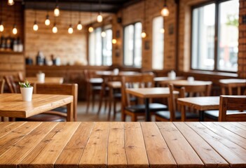 Wooden table in a blurred cafe interior