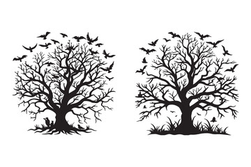 Obraz premium black bare scary tree silhouette and flock of flying bird create with AI technology 