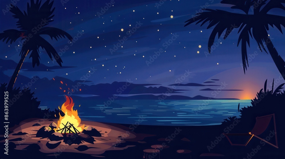 Poster a warm bonfire glows on a beach at sunset, with palm trees adding to the tranquil atmosphere under t