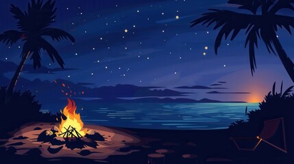 A warm bonfire glows on a beach at sunset, with palm trees adding to the tranquil atmosphere under the starry sky. Generative AI
