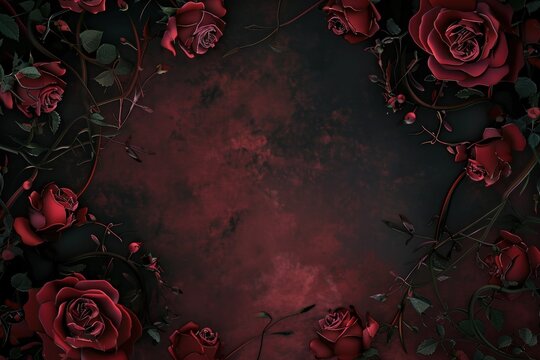 Dark floral background with red roses and decorative vines