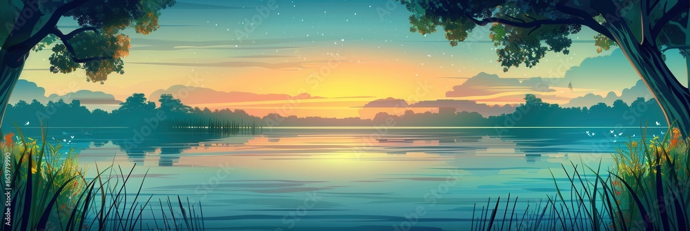 Aufkleber a serene lake scene at sunset, with the sky reflected in the still water. the edges of the lake are 