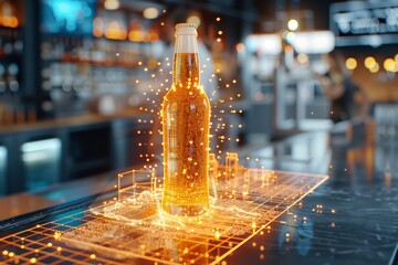 Beer bottle standing on futuristic hologram interface in a bar countertop