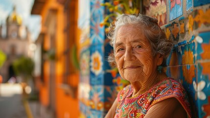 Obraz premium Elderly Woman in Traditional Poblana Dress in Historic Center of Puebla