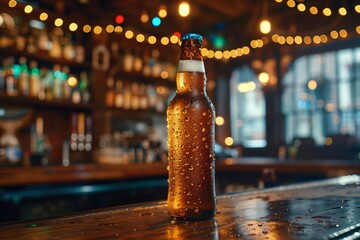 Cold beer bottle resting on a bar counter with water droplets