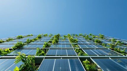 Eco-friendly building facade with solar panels.