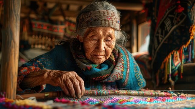 Elderly Mapuche Woman Weaving Blanket in Traditional Attire in Temuco

