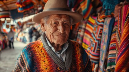 Obraz premium Elderly Man Walking Through Colorful Market in Salta
