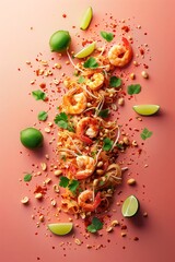 Pad thai noodles with shrimps and ingredients creating diagonal line on pink background