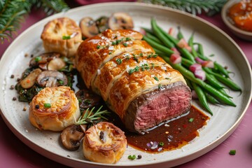 Delicious beef wellington being served on plate with green beans and puff pastry appetizers