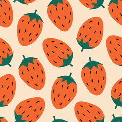 Cute red strawberry hand drawn vector illustration. Colorful berry fruit seamless pattern for kids fabric or wallpaper.