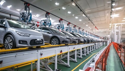EV Production Line on Advanced Automated Smart Factory. High Performance Electric Car Manufacturing