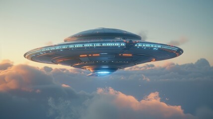 A flying saucer in the clouds. Science fiction. UFOs.
