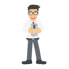 Man with a phone. Player is playing a game on a smartphone, vector illustration