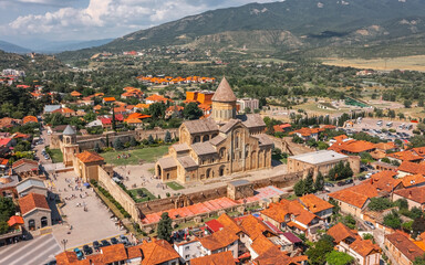 Aerial view of Svetitskhoveli Cathedral in Mtskheta