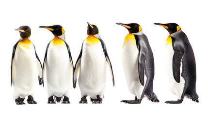 Obraz premium A group of five penguins standing in a line, showcasing their black and white feathers with yellow accents in isolated on transparent background