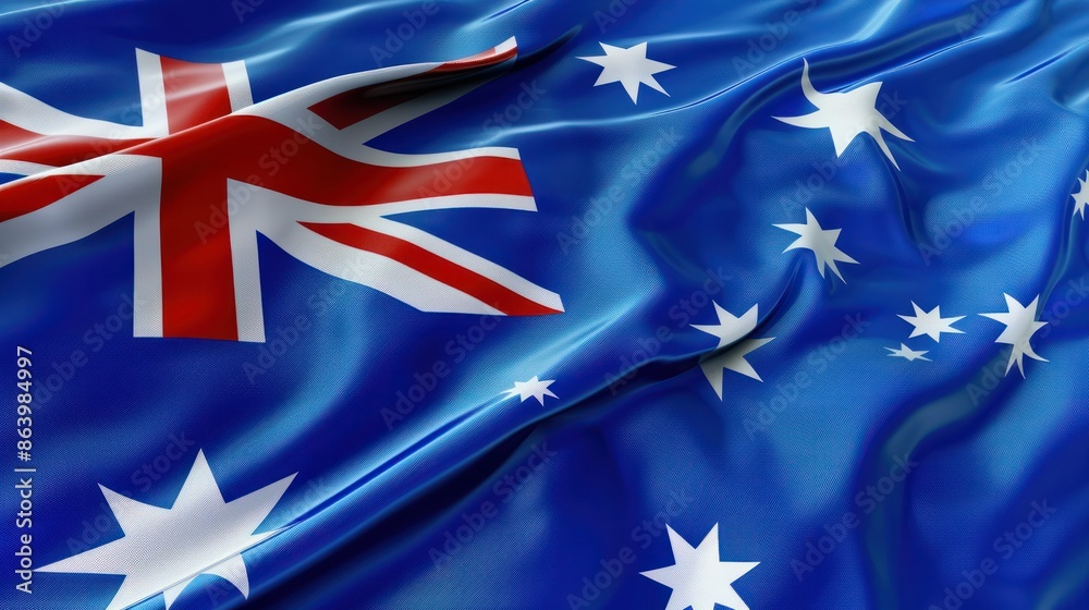 Wall mural Close-up of the Australian flag waving in the wind, showcasing the Union Jack and Southern Cross stars on a blue background.