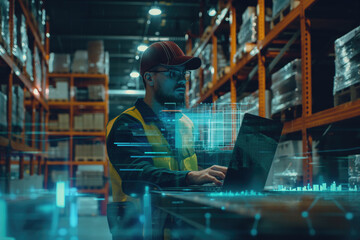 Engineer Using Laptop with Digital Interface in Automated Warehouse. Concept of Smart Logistics and Efficient Inventory Management. Background of Advanced Technology.