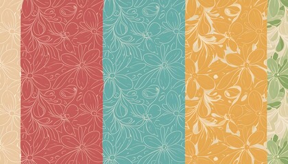 A delightful summer seamless pattern featuring a mix of colorful flowers arranged in three cheerful color schemes