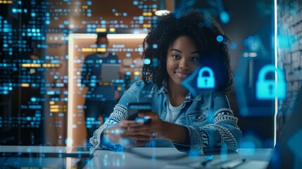 Young professional using a smartphone in a high tech, digital environment. Futuristic and modern look. Ideal for technology, cybersecurity, and business themes. Perfect image for web and print. AI