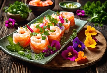 delicious handcrafted shrimp rolls ready eat, seafood, finger, food, snack, appetizer, platter, starter, handmade, artisanal, prepared, convenient, consumable