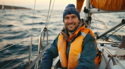 Portrait of a male sailor on deck of a sailing boat in sea.