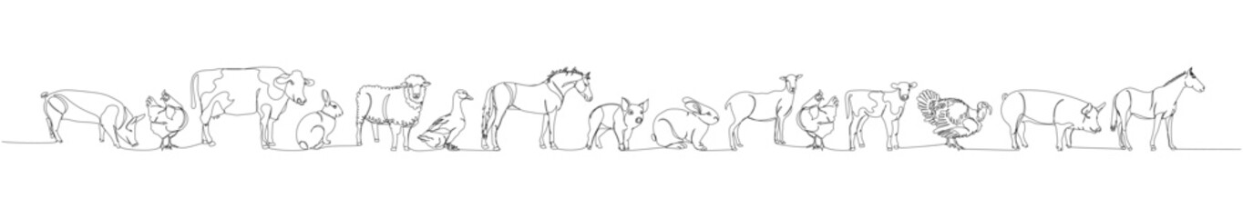 set of livestock, horse, chicken, pig, turkey, rabbit, cow, sheep one line art. Continuous line drawing of farm, nature, agriculture, farm animals, rural life, ranch.