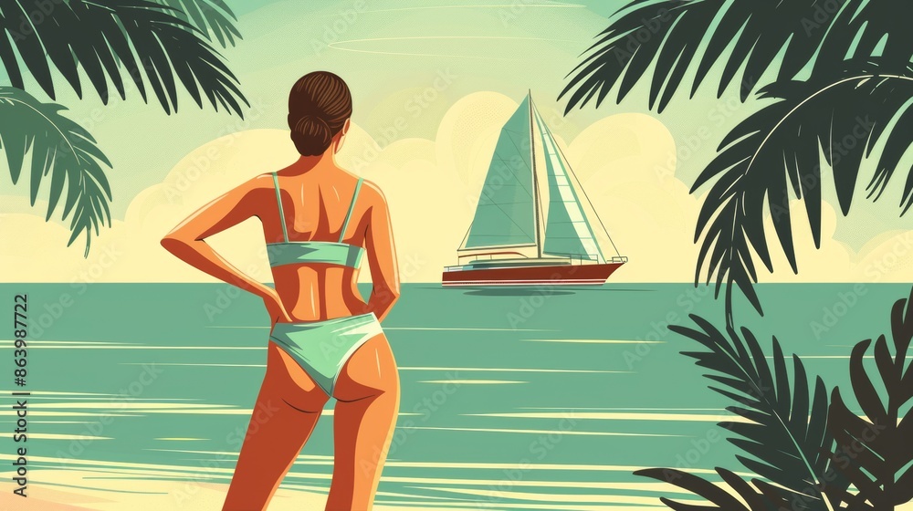 Wall mural Back view of a beautiful female in swimming wear on beach with sailing boat in sea. - Wall murals