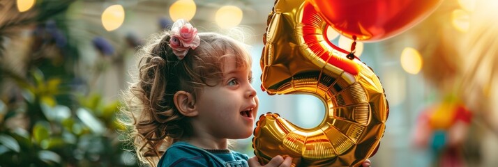 A young girl smiles while holding a large gold number five balloon at a birthday party