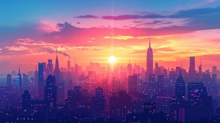 Fototapeta premium A vibrant sunrise over a city skyline, with pink and purple hues illuminating the buildings.