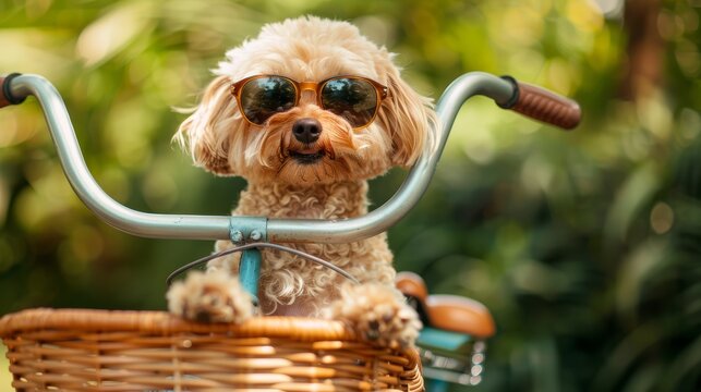 A cute dog wearing sunglasses sits in a bicycle basket. The dog is looking at the camera.