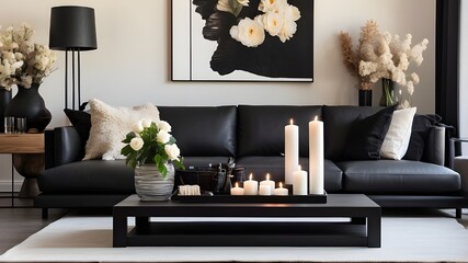 contemporary living area including a black coffee table adorned with candles and a flower vase