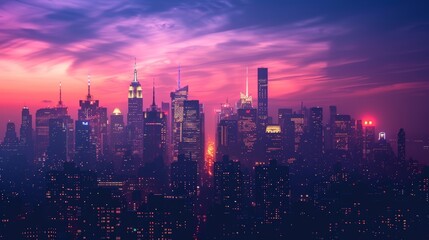 A vibrant cityscape at sunset, with skyscrapers reaching towards a sky filled with pink and purple clouds.