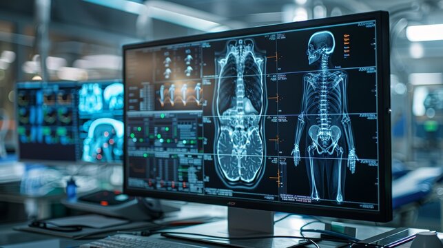 A computer monitor displaying medical scans and a 3D model of a human skeleton.  The image conveys the concept of modern healthcare and technology.