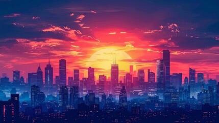 A vibrant sunset over a futuristic city skyline, with towering buildings silhouetted against the fiery sky.