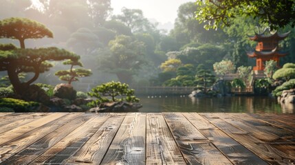 Wooden deck overlooking a serene pond in a lush Japanese garden with a traditional red gate. ...