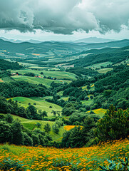 Obraz premium Lush valley with wildflowers under cloudy sky.