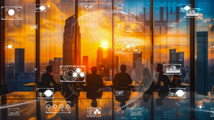 Team meeting with futuristic technology, glowing data interfaces