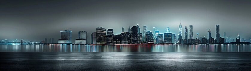 Obraz premium Silhouette of a city skyline at night, reflecting in water.