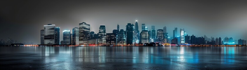 Fototapeta premium Night cityscape with tall buildings reflected in the water.